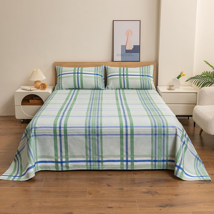 91家纺网 家纺一手货源 找家纺 居美良品 2026新款无印风正宗加厚老粗布床单单件枕套三件套可做凉席 格韵-绿