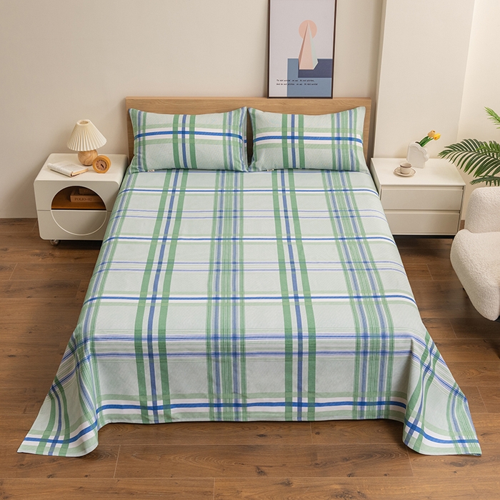 91家纺网 家纺一手货源 找家纺 居美良品 2026新款无印风正宗加厚老粗布床单单件枕套三件套可做凉席 格韵-绿