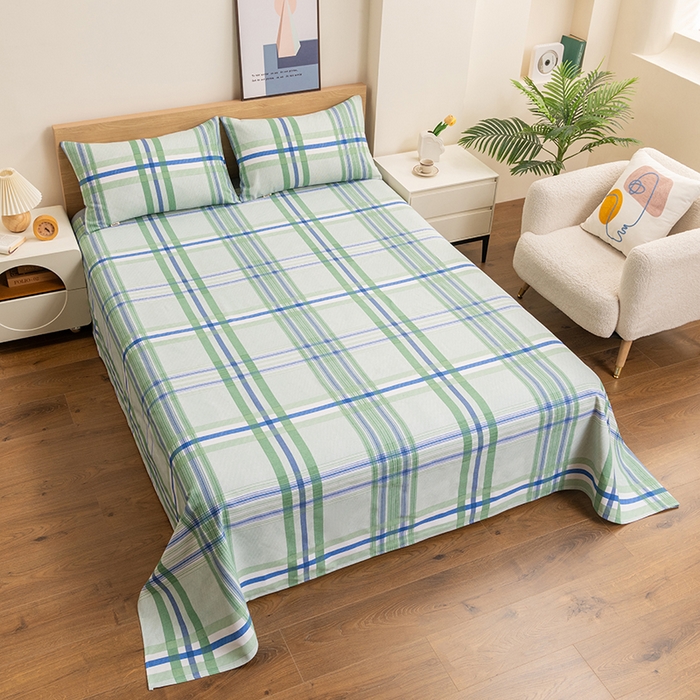 91家纺网 家纺一手货源 找家纺 居美良品 2026新款无印风正宗加厚老粗布床单单件枕套三件套可做凉席 格韵-绿