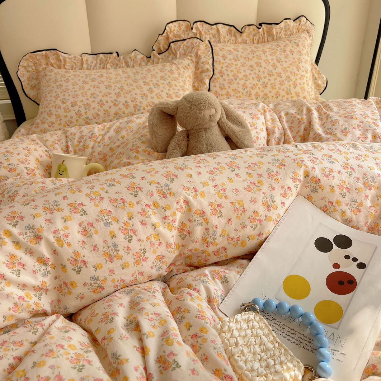 91家纺网 家纺一手货源 找家纺 韩巢家纺 2026新款水洗棉花边款四件套 久期诗朵-黄【大花边款】