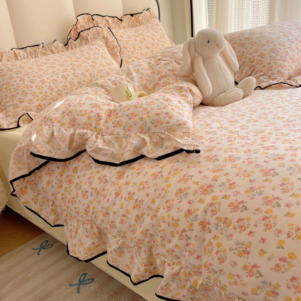 91家纺网 家纺一手货源 找家纺 韩巢家纺 2026新款水洗棉花边款四件套 久期诗朵-黄【大花边款】