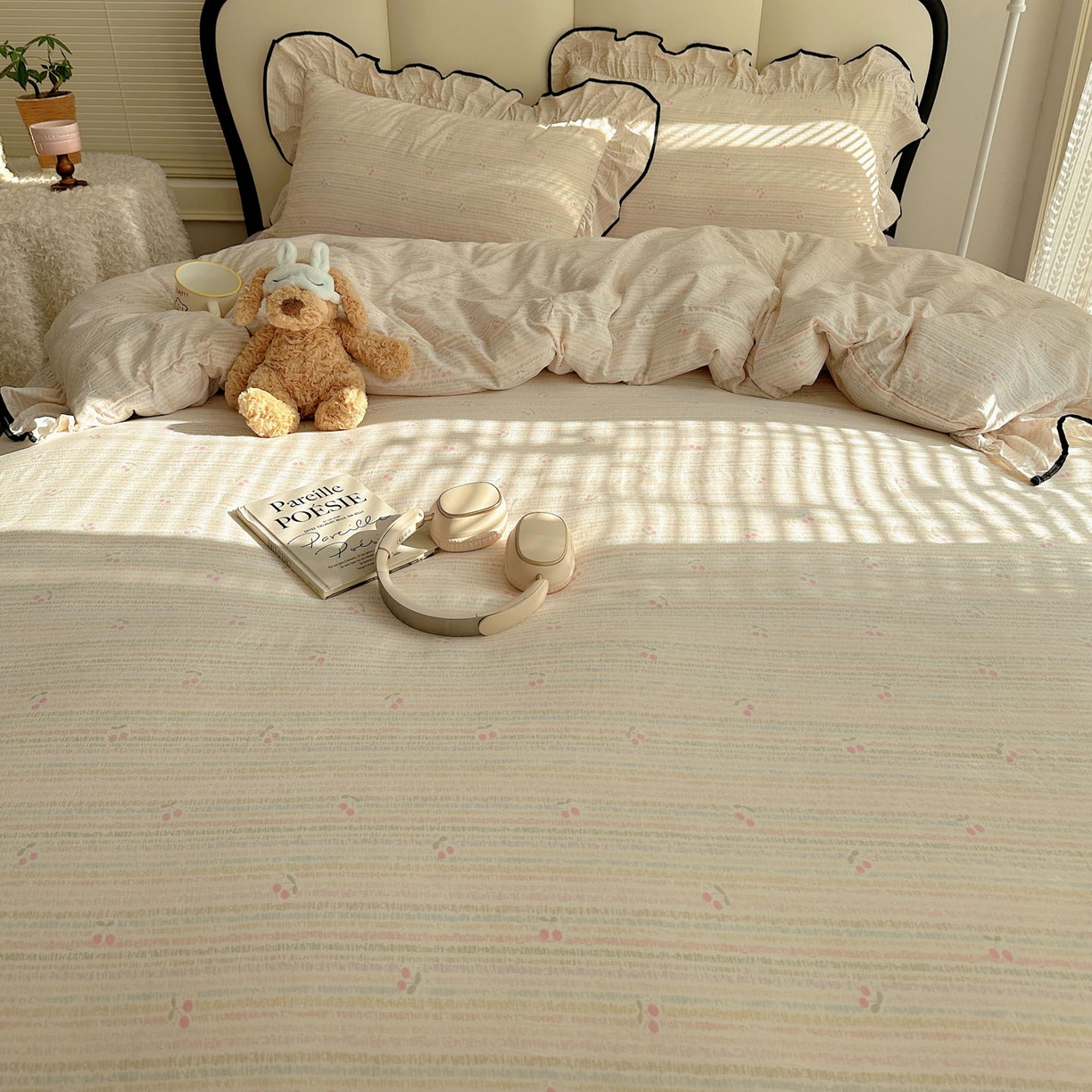 91家纺网 家纺一手货源 找家纺 韩巢家纺 2026新款水洗棉花边款四件套 甜樱恋曲【大花边款】