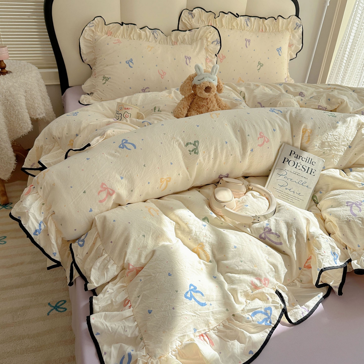 91家纺网 家纺一手货源 找家纺 韩巢家纺 2026新款水洗棉花边款四件套 星梦蝶结【大花边款】