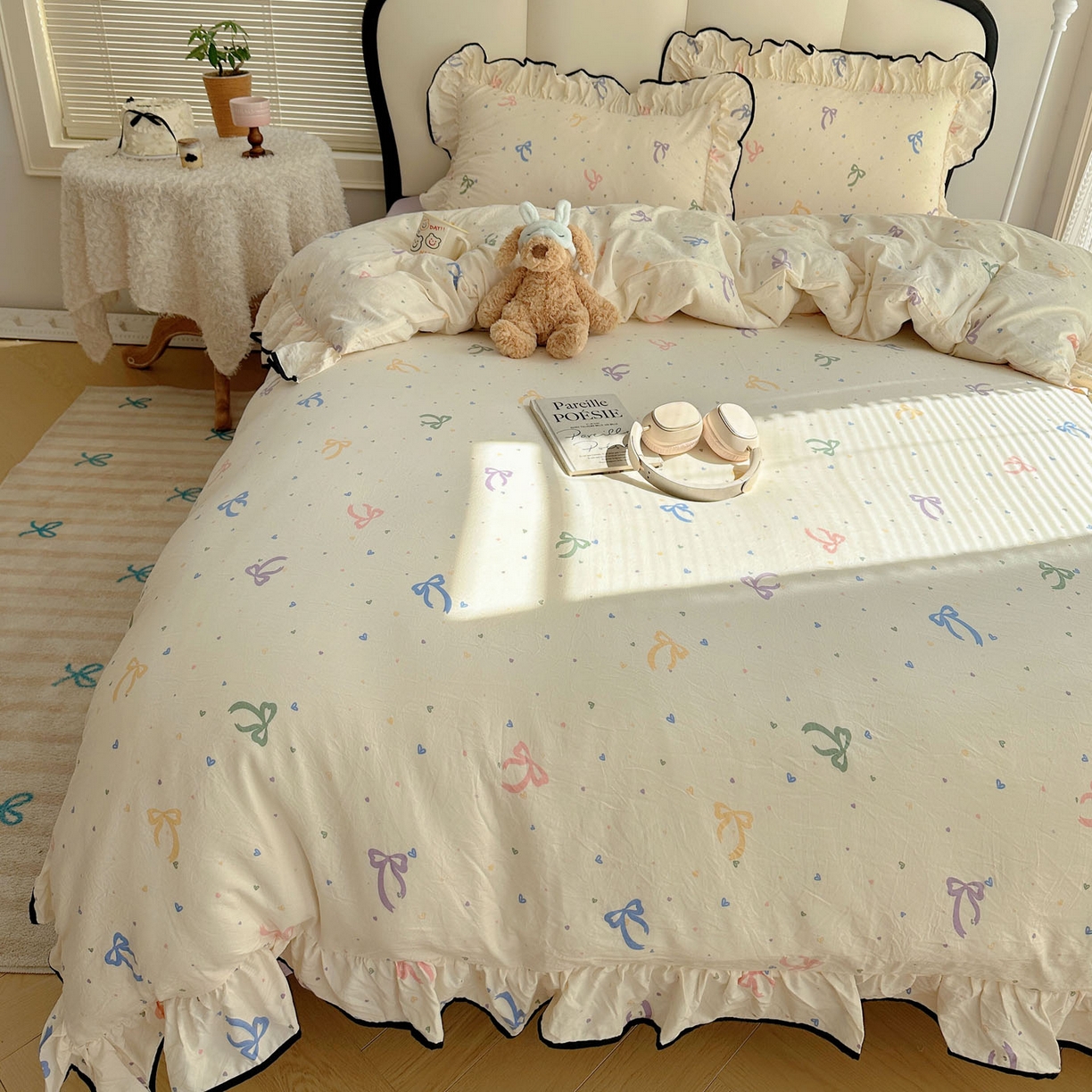 91家纺网 家纺一手货源 找家纺 韩巢家纺 2026新款水洗棉花边款四件套 星梦蝶结【大花边款】