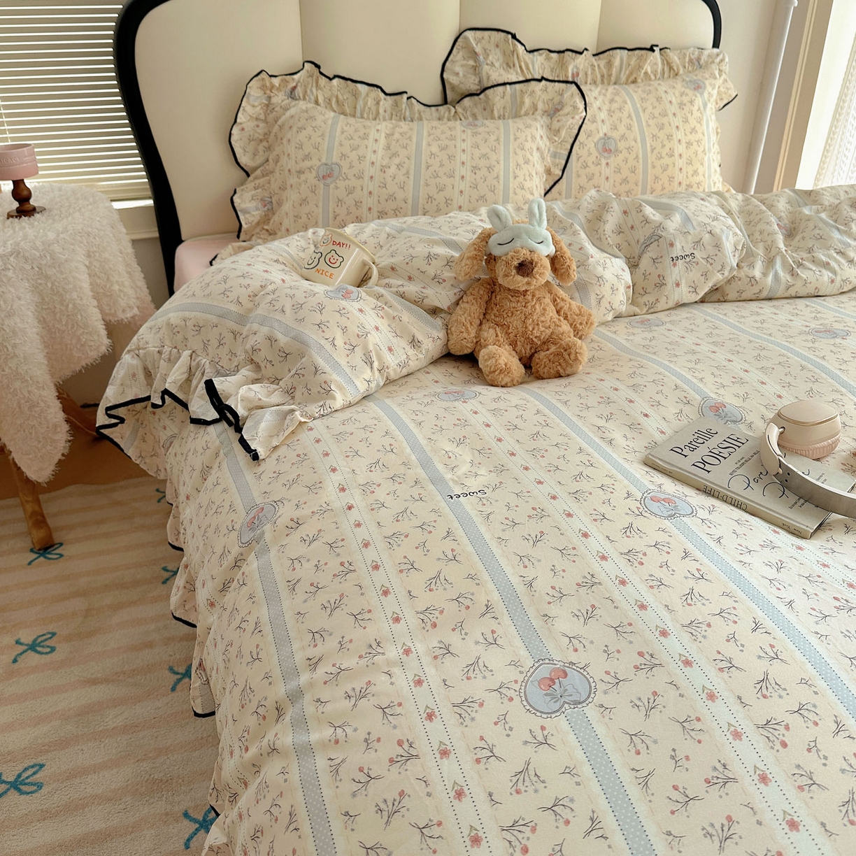 91家纺网 家纺一手货源 找家纺 韩巢家纺 2026新款水洗棉花边款四件套 奶油樱桃【大花边款】