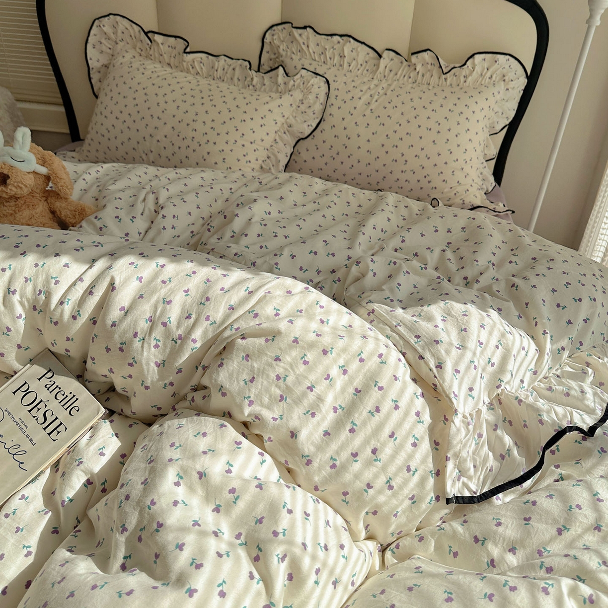 91家纺网 家纺一手货源 找家纺 韩巢家纺 2026新款水洗棉花边款四件套 小花野-紫【大花边款】