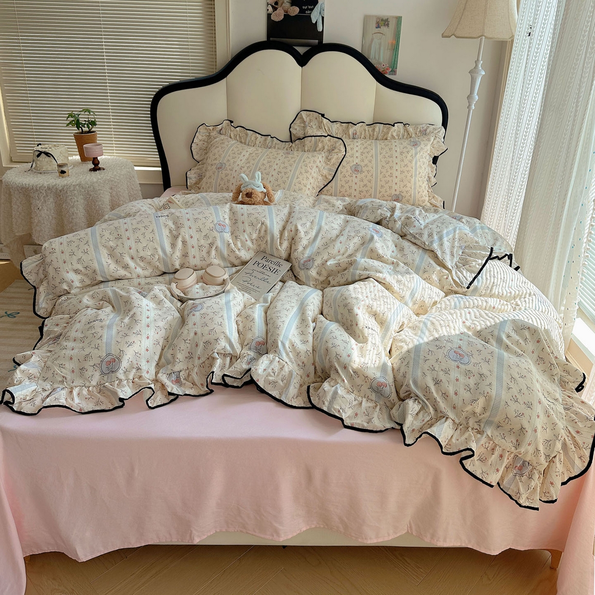 91家纺网 家纺一手货源 找家纺 韩巢家纺 2026新款水洗棉花边款四件套 奶油樱桃【大花边款】