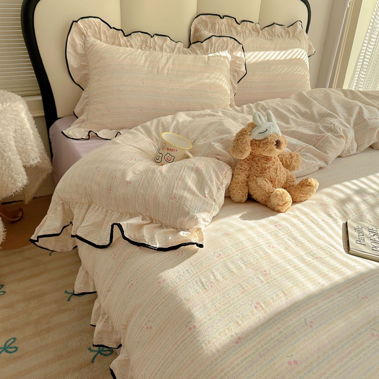 91家纺网 家纺一手货源 找家纺 韩巢家纺 2026新款水洗棉花边款四件套 甜樱恋曲【大花边款】