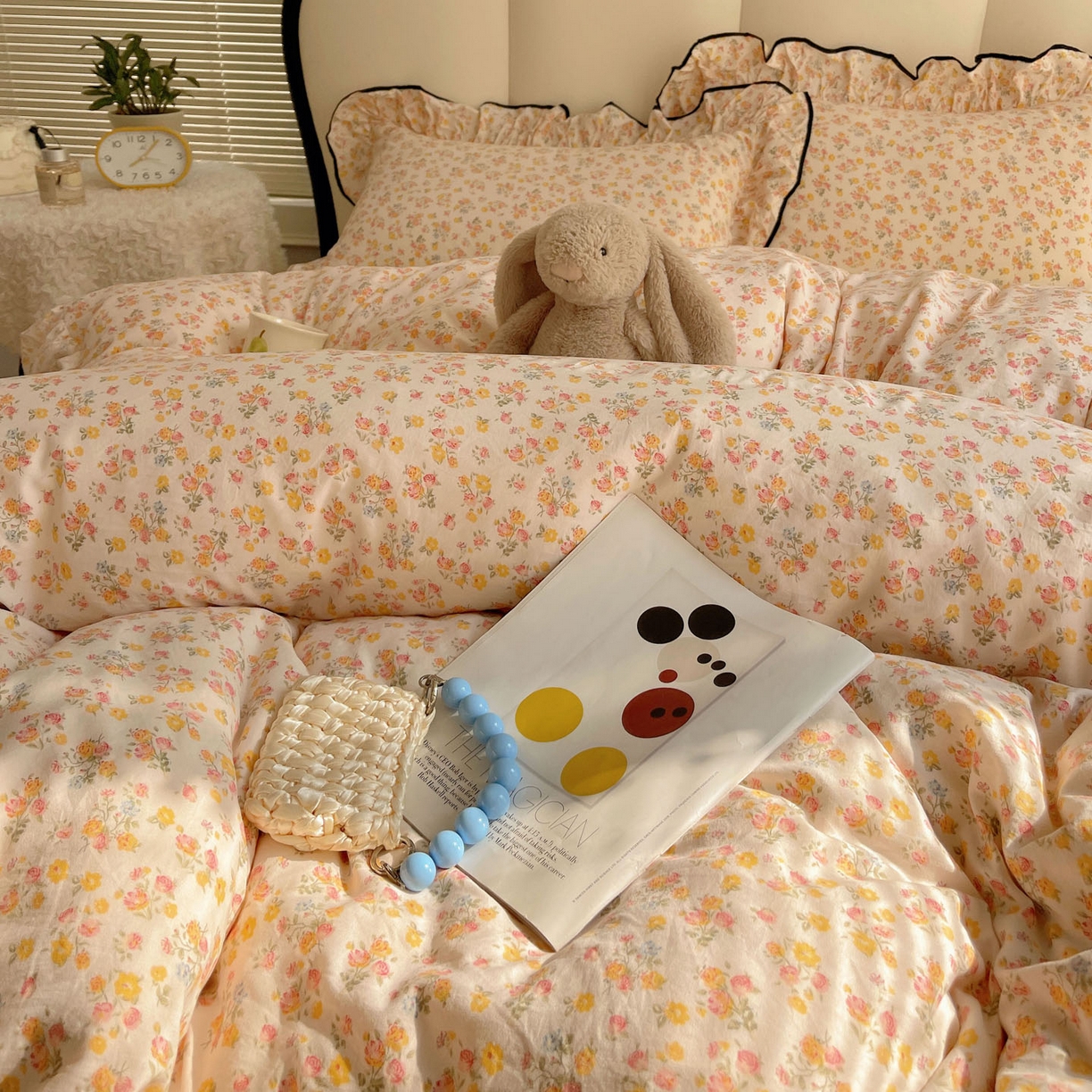 91家纺网 家纺一手货源 找家纺 韩巢家纺 2026新款水洗棉花边款四件套 久期诗朵-黄【大花边款】