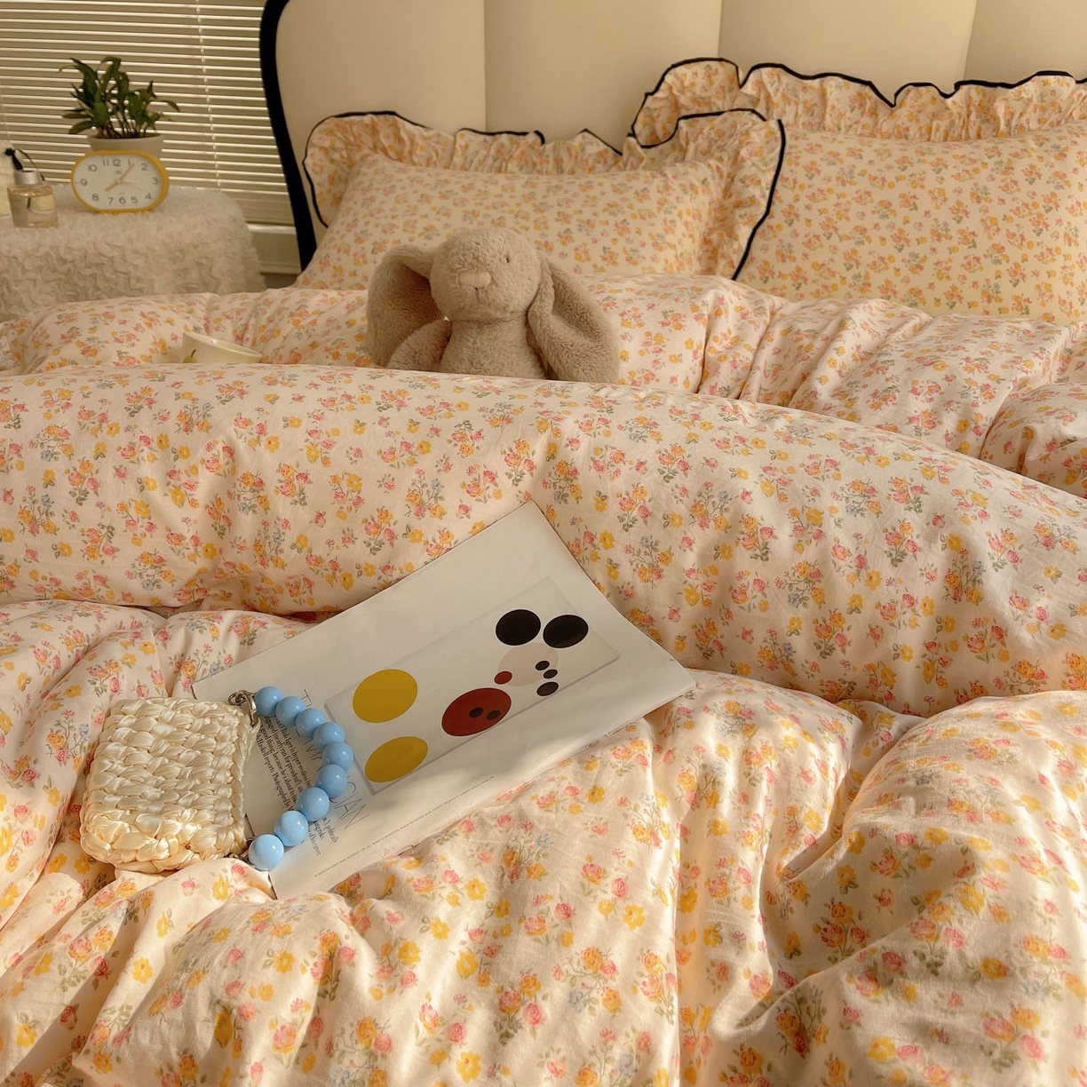 91家纺网 家纺一手货源 找家纺 韩巢家纺 2026新款水洗棉花边款四件套 久期诗朵-黄【大花边款】