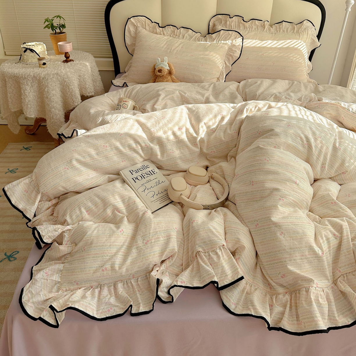 91家纺网 家纺一手货源 找家纺 韩巢家纺 2026新款水洗棉花边款四件套 甜樱恋曲【大花边款】