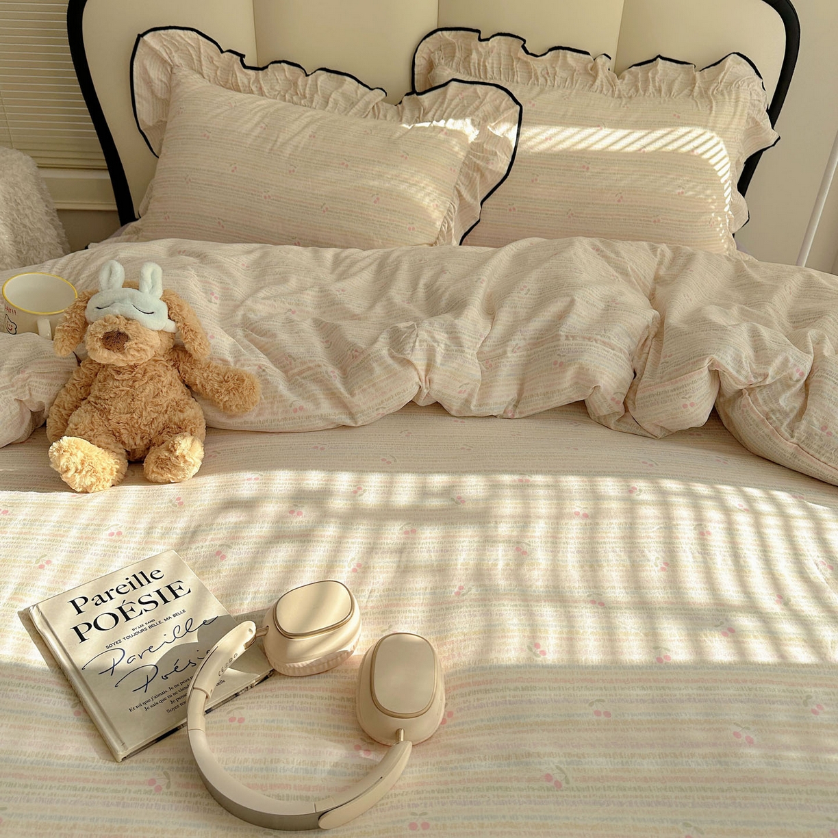 91家纺网 家纺一手货源 找家纺 韩巢家纺 2026新款水洗棉花边款四件套 甜樱恋曲【大花边款】