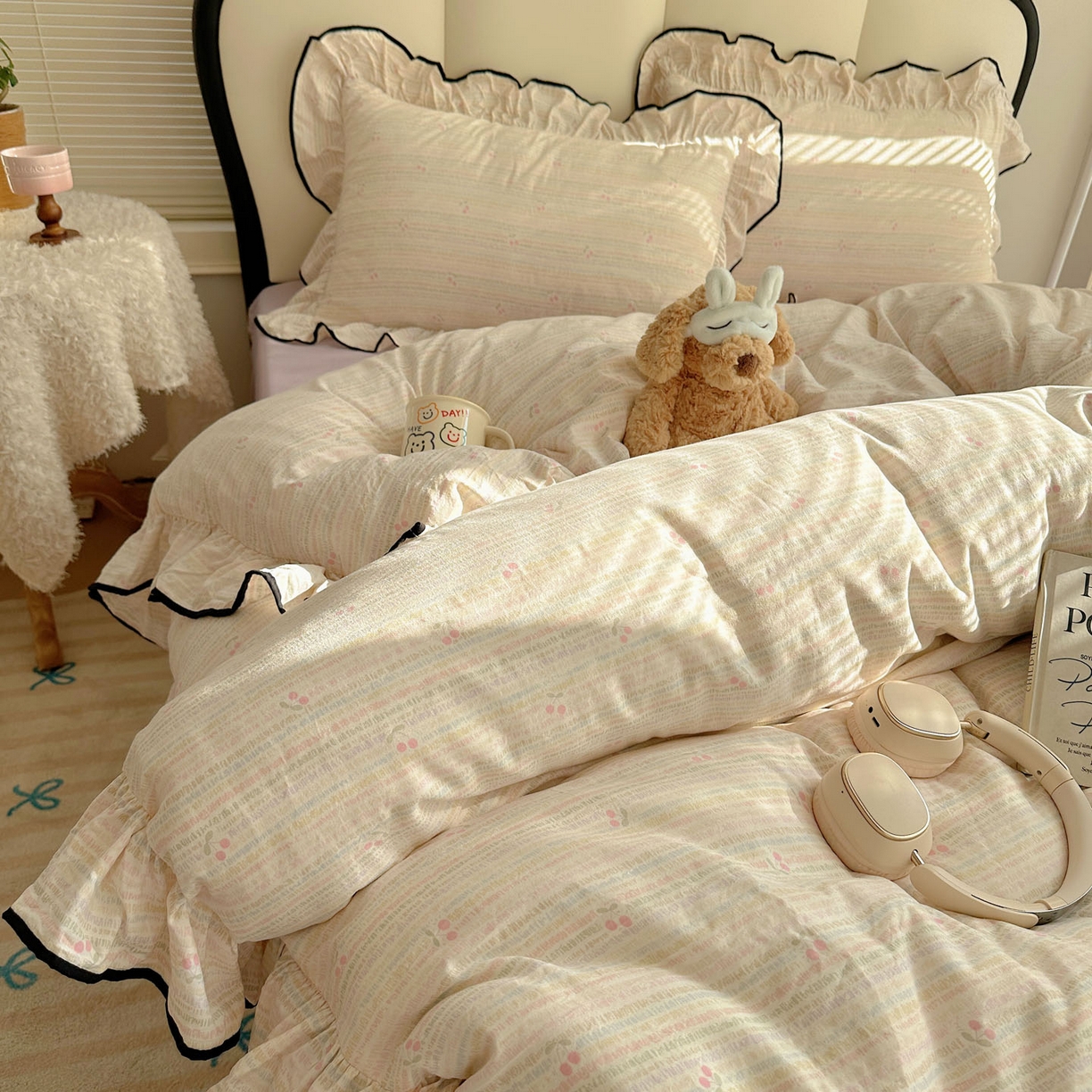 91家纺网 家纺一手货源 找家纺 韩巢家纺 2026新款水洗棉花边款四件套 甜樱恋曲【大花边款】