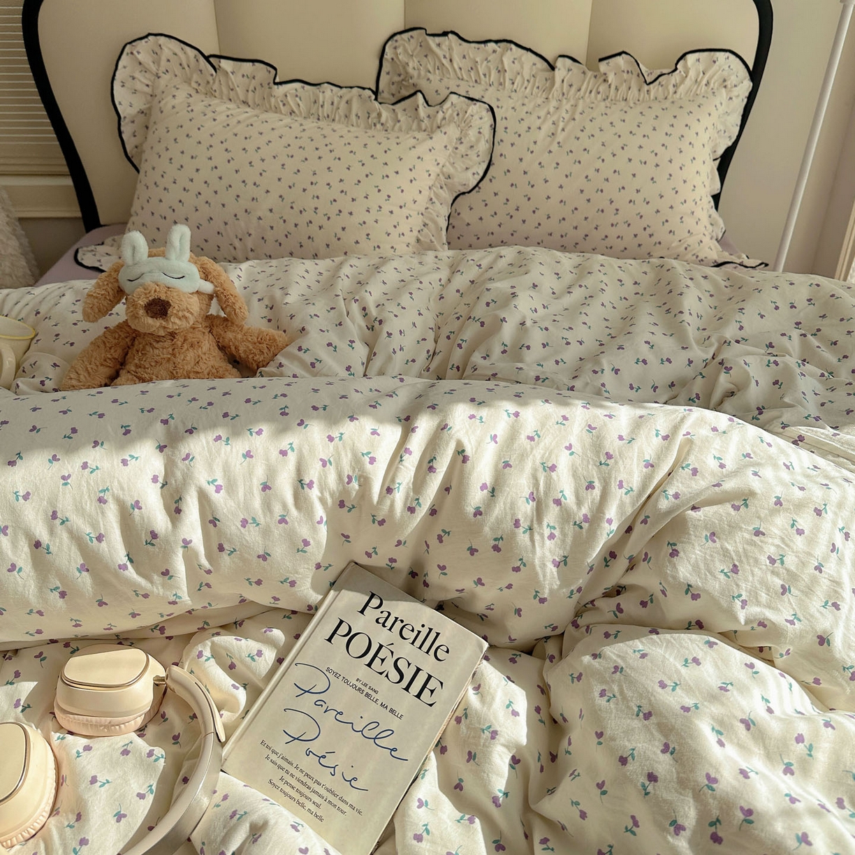 91家纺网 家纺一手货源 找家纺 韩巢家纺 2026新款水洗棉花边款四件套 小花野-紫【大花边款】