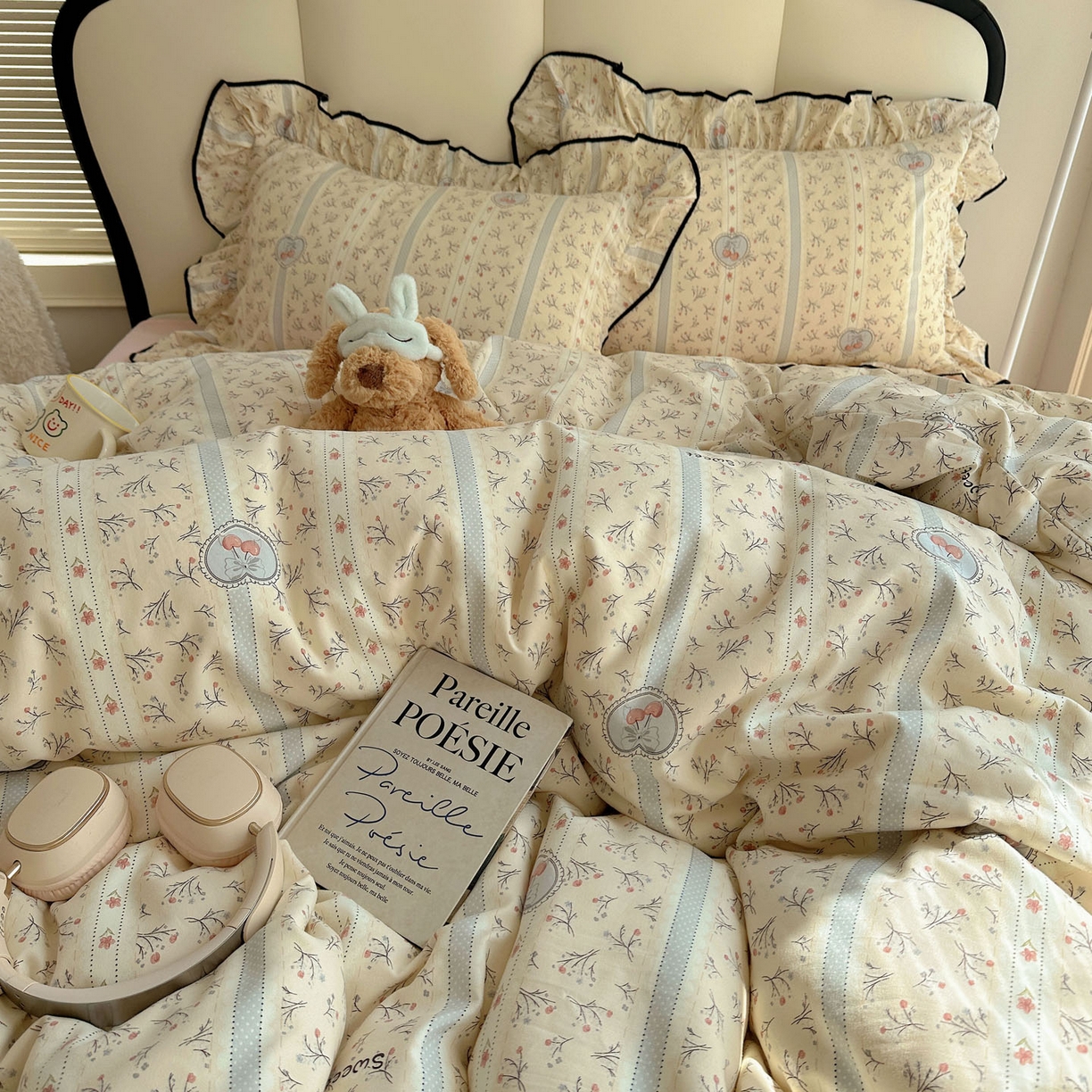 91家纺网 家纺一手货源 找家纺 韩巢家纺 2026新款水洗棉花边款四件套 奶油樱桃【大花边款】