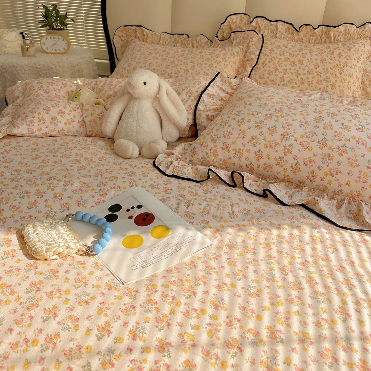 91家纺网 家纺一手货源 找家纺 韩巢家纺 2026新款水洗棉花边款四件套 久期诗朵-黄【大花边款】