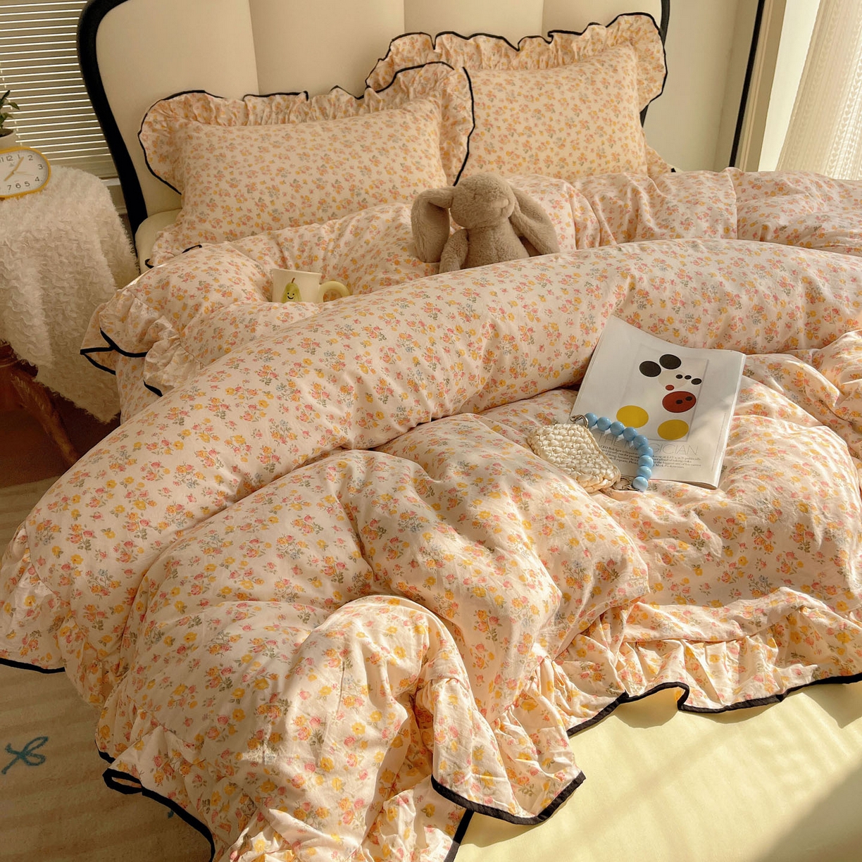 韩巢家纺 2026新款水洗棉花边款四件套 久期诗朵-黄【大花边款】