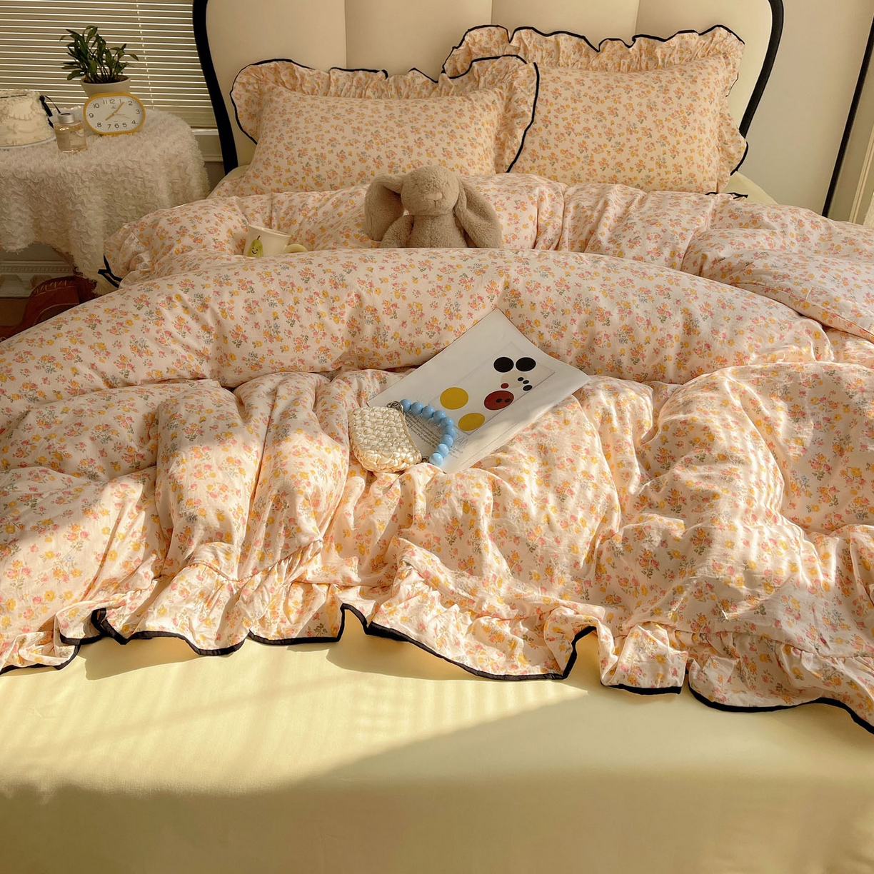 91家纺网 家纺一手货源 找家纺 韩巢家纺 2026新款水洗棉花边款四件套 久期诗朵-黄【大花边款】