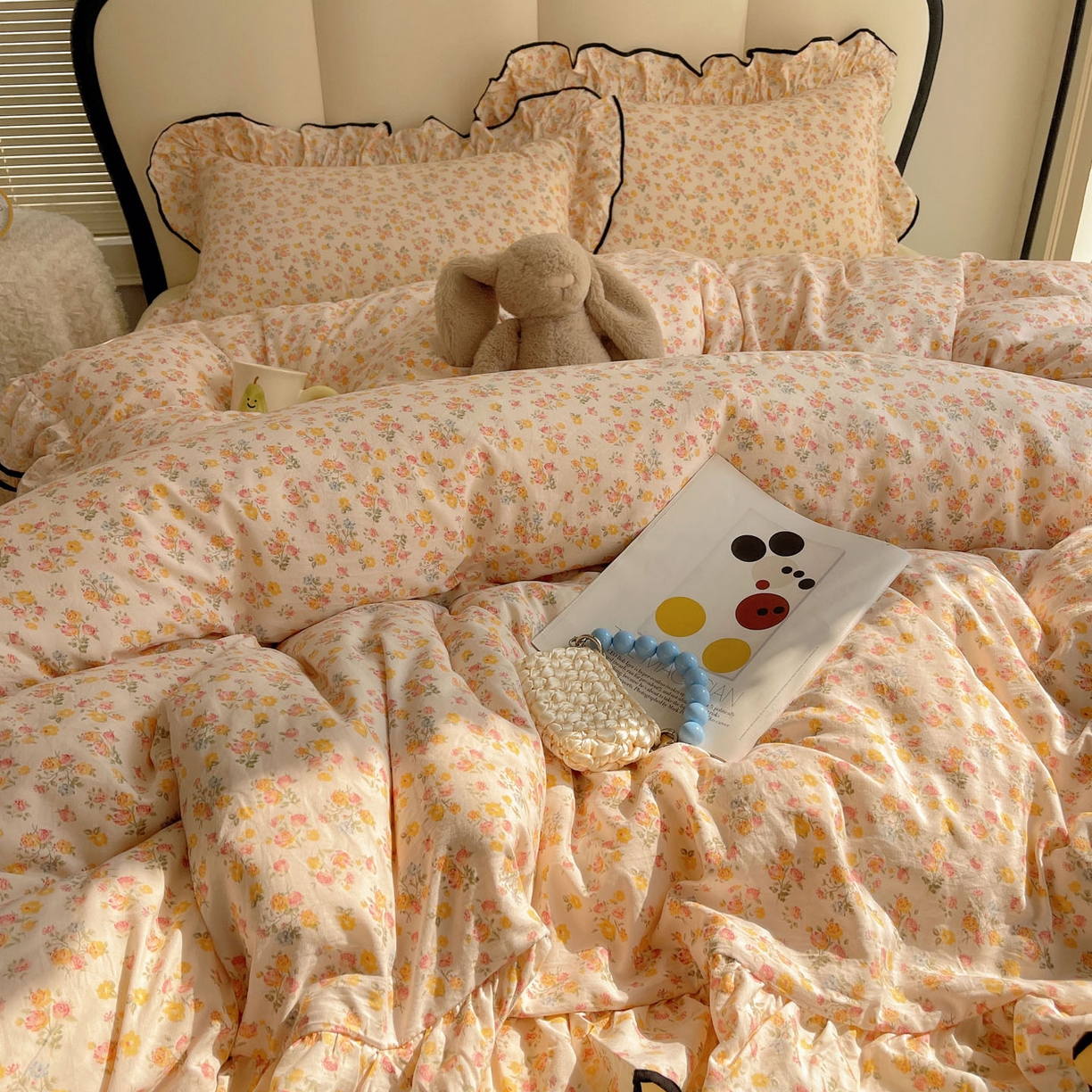 91家纺网 家纺一手货源 找家纺 韩巢家纺 2026新款水洗棉花边款四件套 久期诗朵-黄【大花边款】