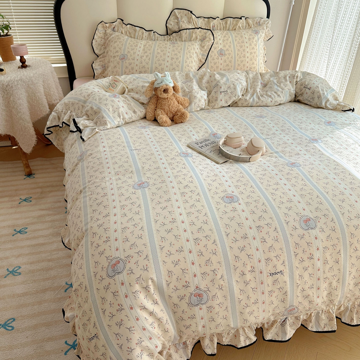 91家纺网 家纺一手货源 找家纺 韩巢家纺 2026新款水洗棉花边款四件套 奶油樱桃【大花边款】