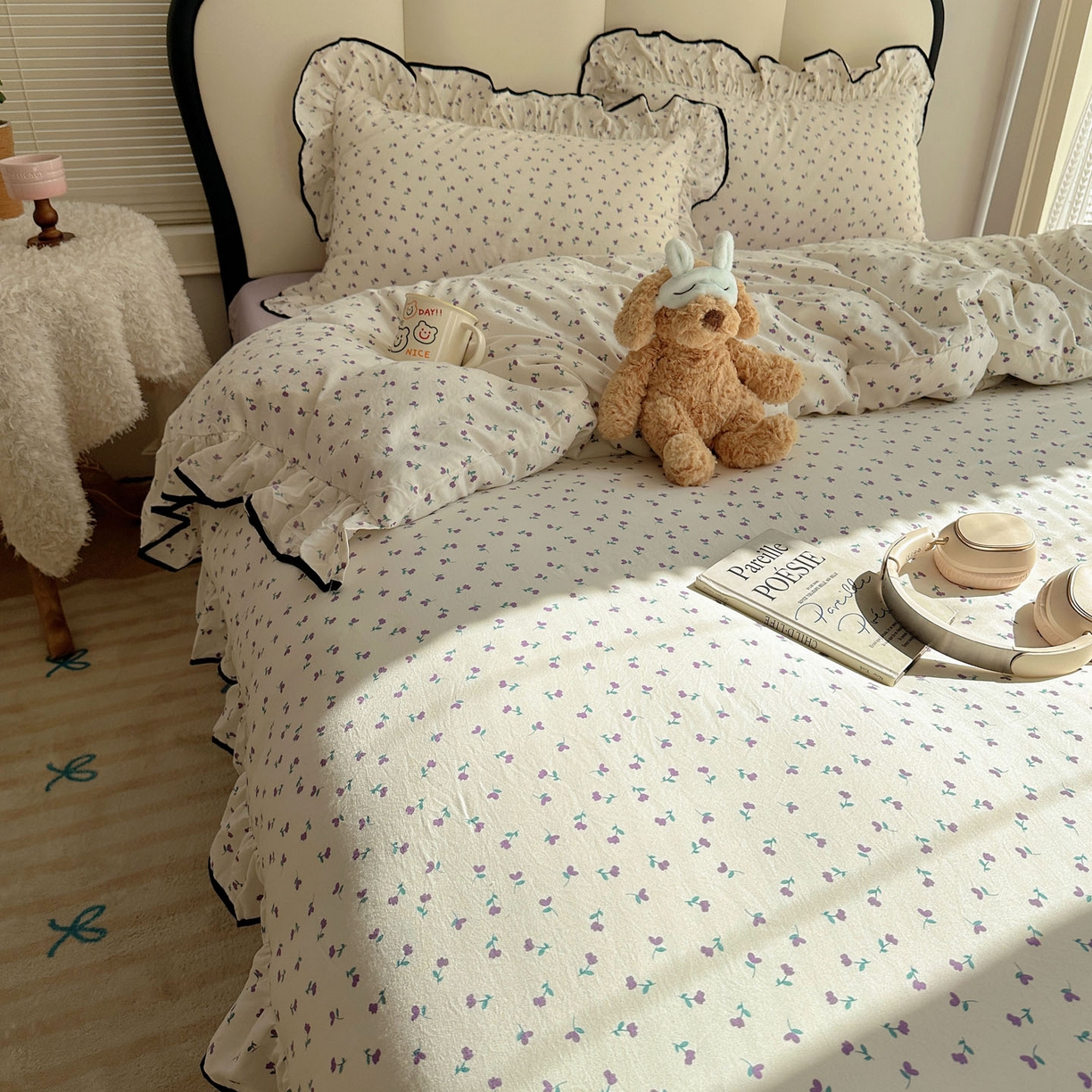 91家纺网 家纺一手货源 找家纺 韩巢家纺 2026新款水洗棉花边款四件套 小花野-紫【大花边款】