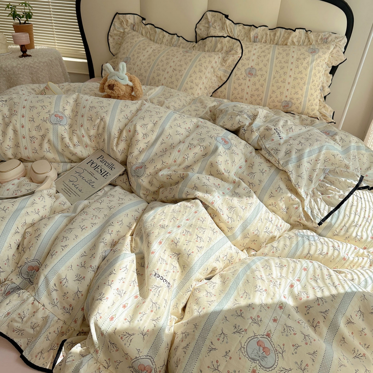 91家纺网 家纺一手货源 找家纺 韩巢家纺 2026新款水洗棉花边款四件套 奶油樱桃【大花边款】