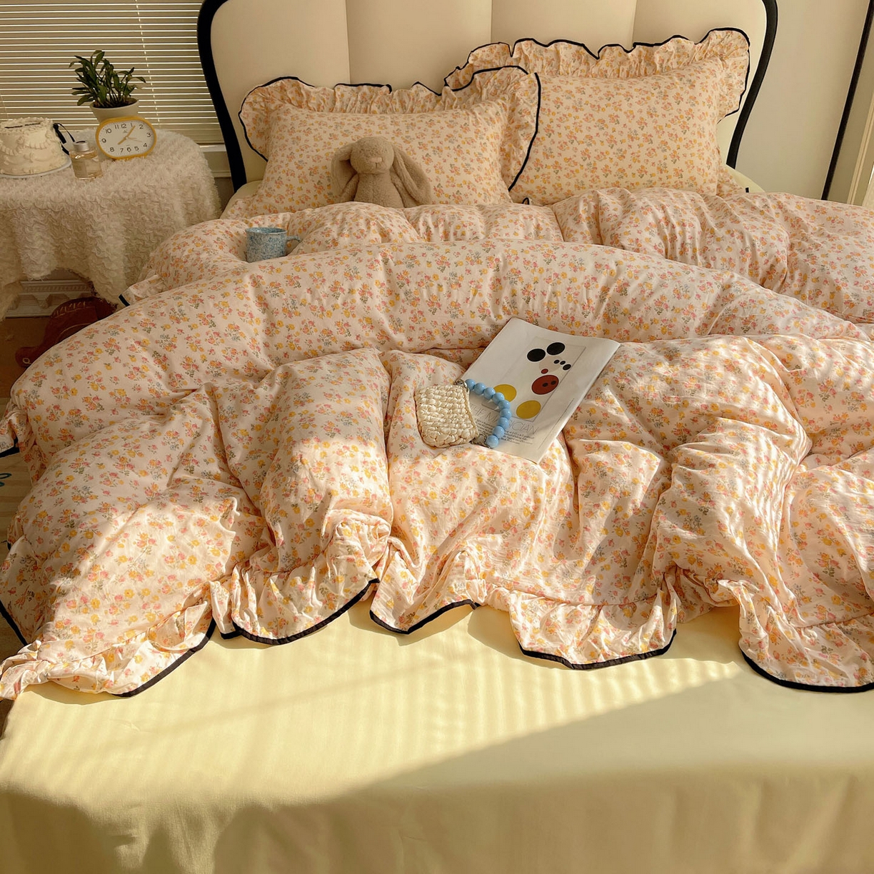 91家纺网 家纺一手货源 找家纺 韩巢家纺 2026新款水洗棉花边款四件套 久期诗朵-黄【大花边款】