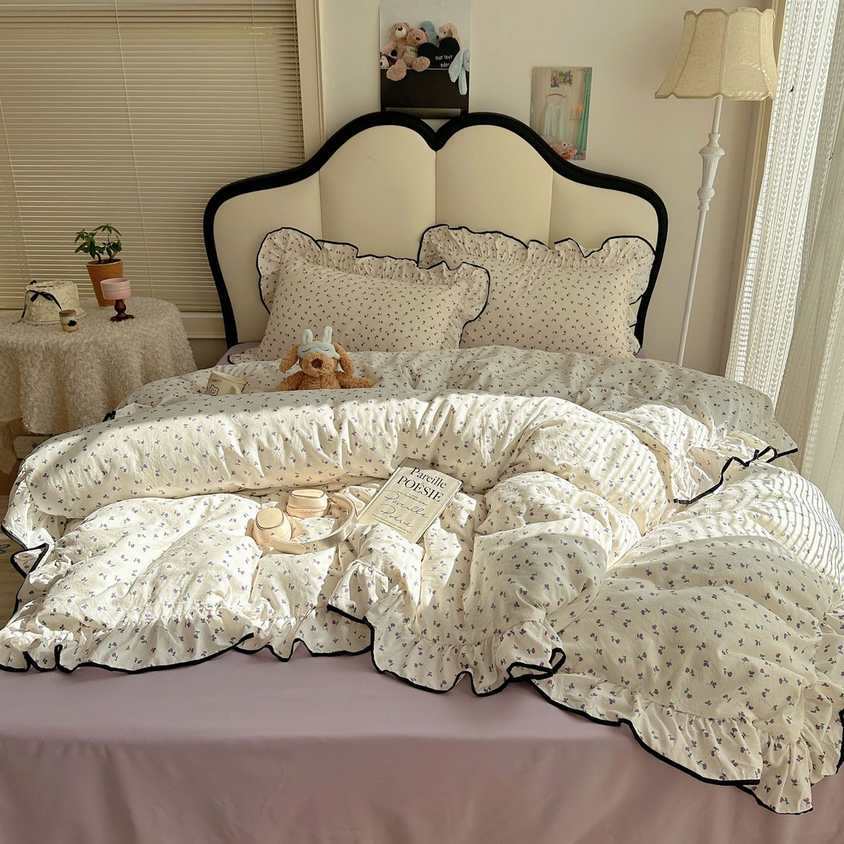 91家纺网 家纺一手货源 找家纺 韩巢家纺 2026新款水洗棉花边款四件套 小花野-紫【大花边款】