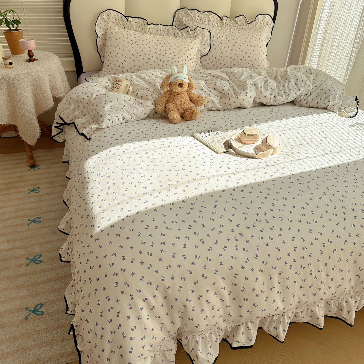 91家纺网 家纺一手货源 找家纺 韩巢家纺 2026新款水洗棉花边款四件套 小花野-紫【大花边款】