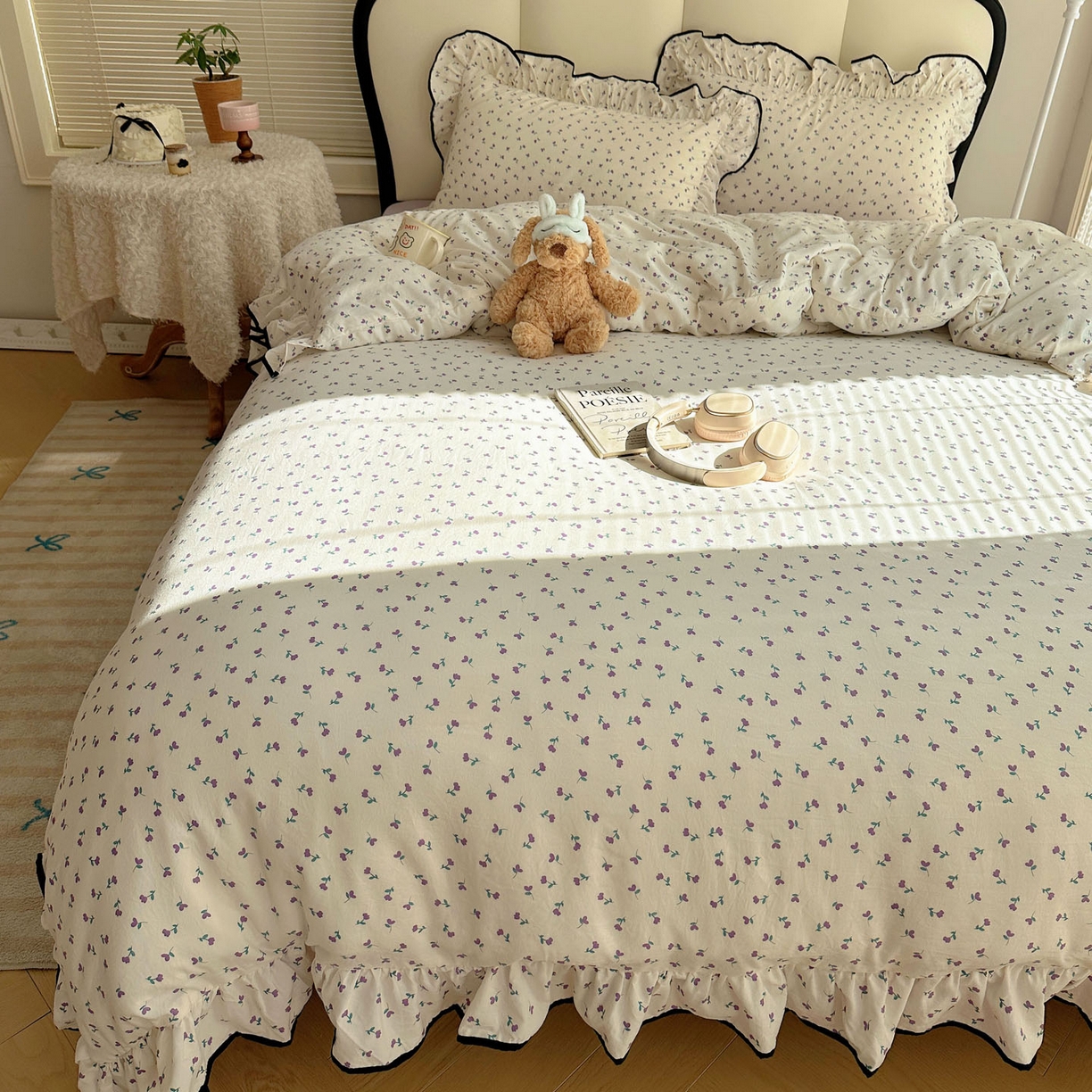 91家纺网 家纺一手货源 找家纺 韩巢家纺 2026新款水洗棉花边款四件套 小花野-紫【大花边款】