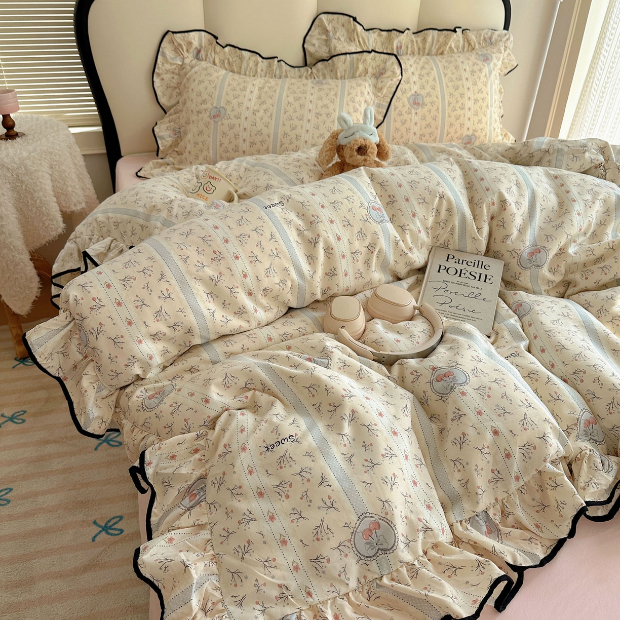 91家纺网 家纺一手货源 找家纺 韩巢家纺 2026新款水洗棉花边款四件套 奶油樱桃【大花边款】