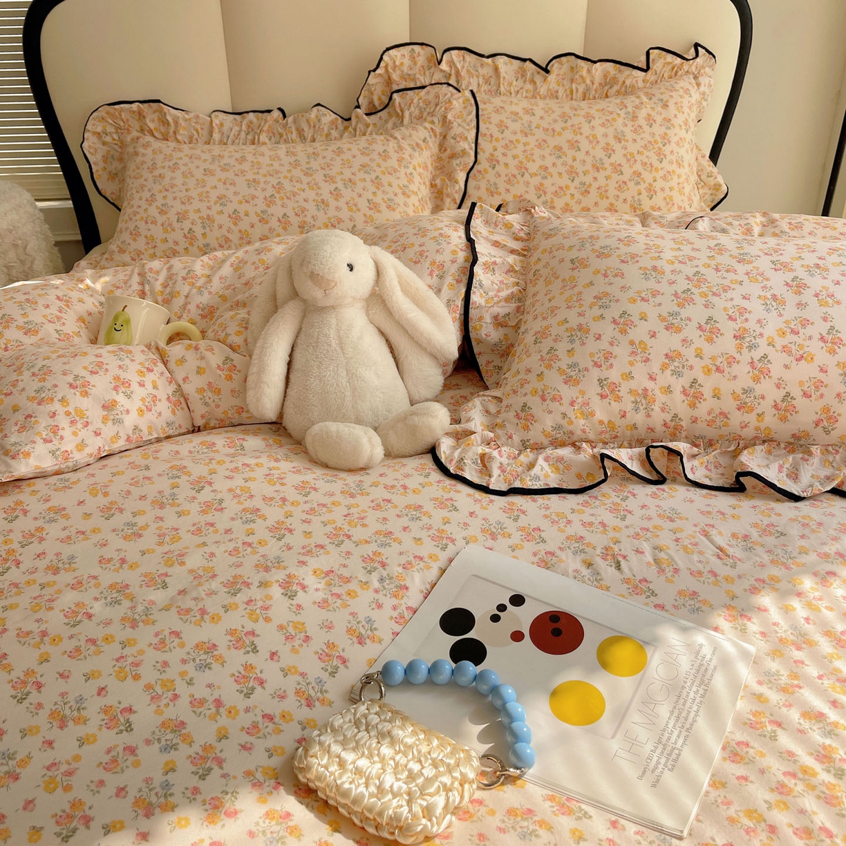 91家纺网 家纺一手货源 找家纺 韩巢家纺 2026新款水洗棉花边款四件套 久期诗朵-黄【大花边款】