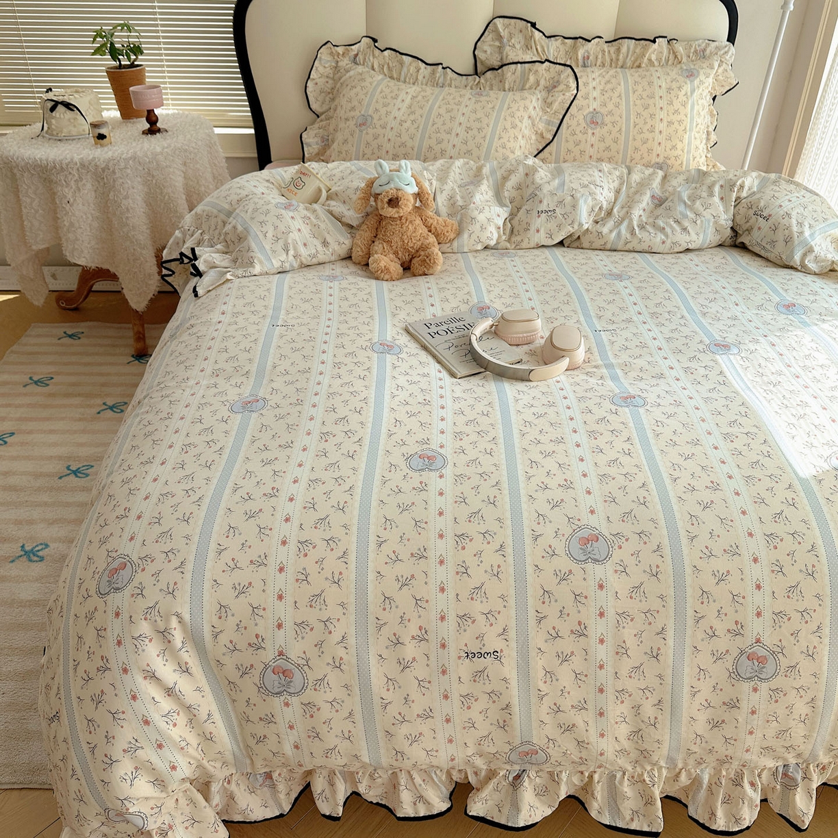 91家纺网 家纺一手货源 找家纺 韩巢家纺 2026新款水洗棉花边款四件套 奶油樱桃【大花边款】