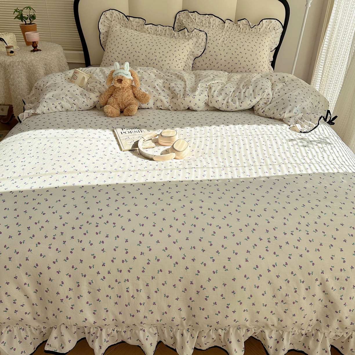 91家纺网 家纺一手货源 找家纺 韩巢家纺 2026新款水洗棉花边款四件套 小花野-紫【大花边款】