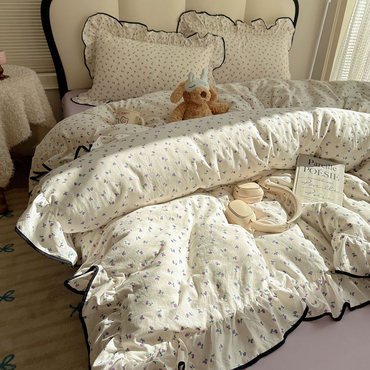 91家纺网 家纺一手货源 找家纺 韩巢家纺 2026新款水洗棉花边款四件套 小花野-紫【大花边款】