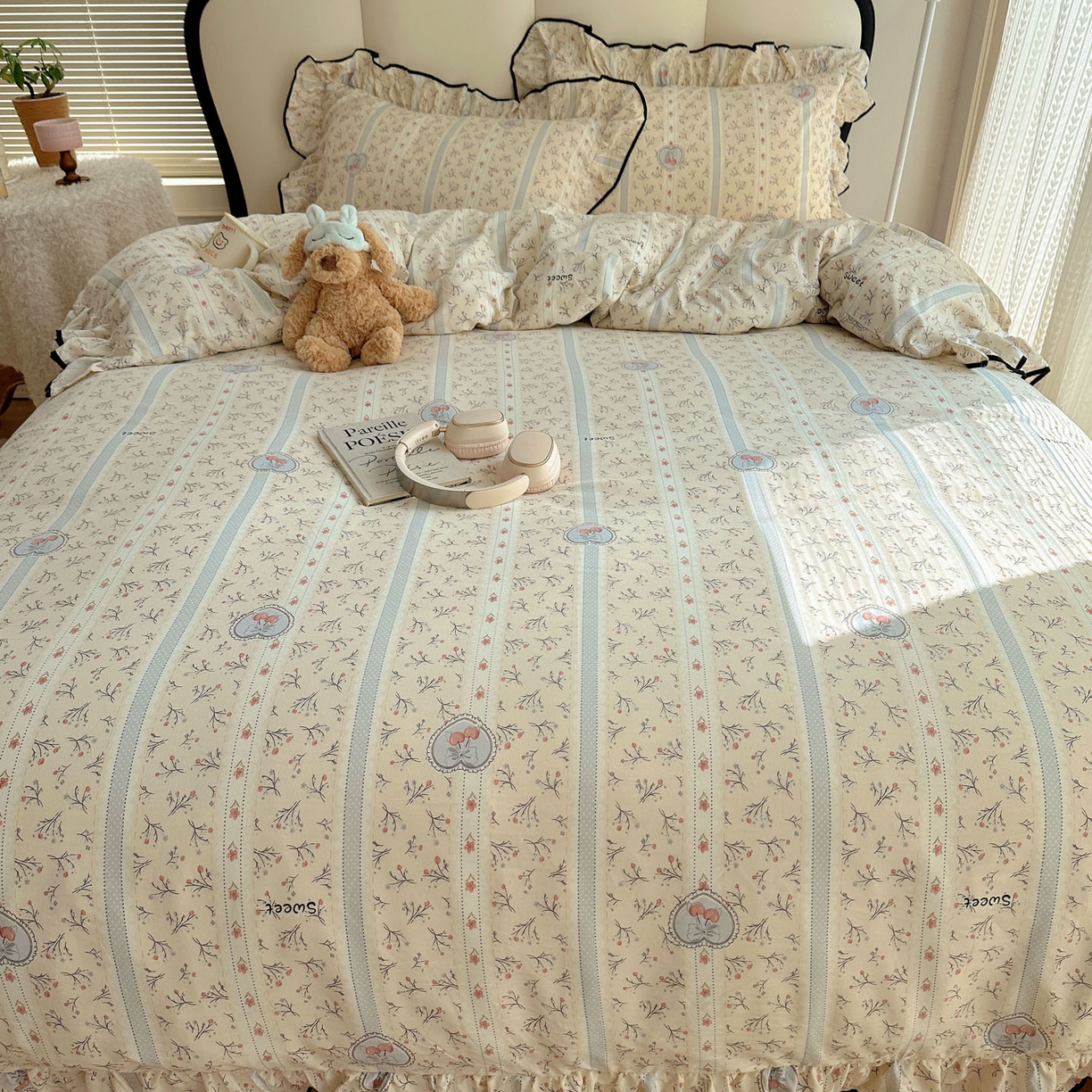 91家纺网 家纺一手货源 找家纺 韩巢家纺 2026新款水洗棉花边款四件套 奶油樱桃【大花边款】