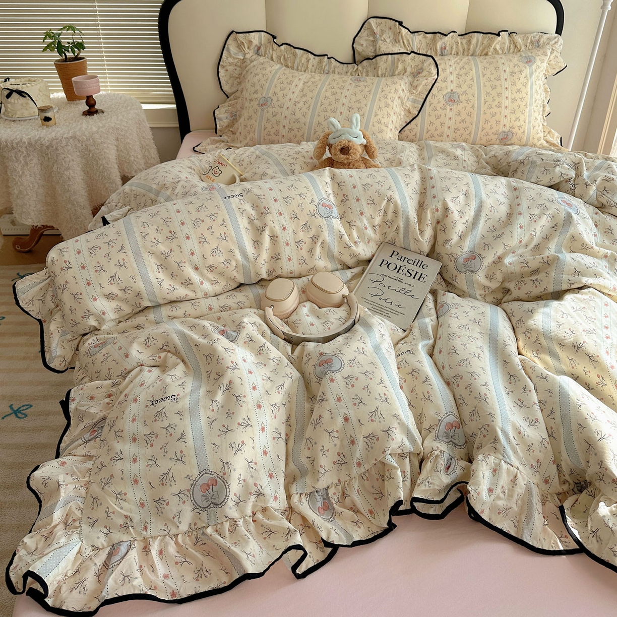 韩巢家纺 2026新款水洗棉花边款四件套 奶油樱桃【大花边款】