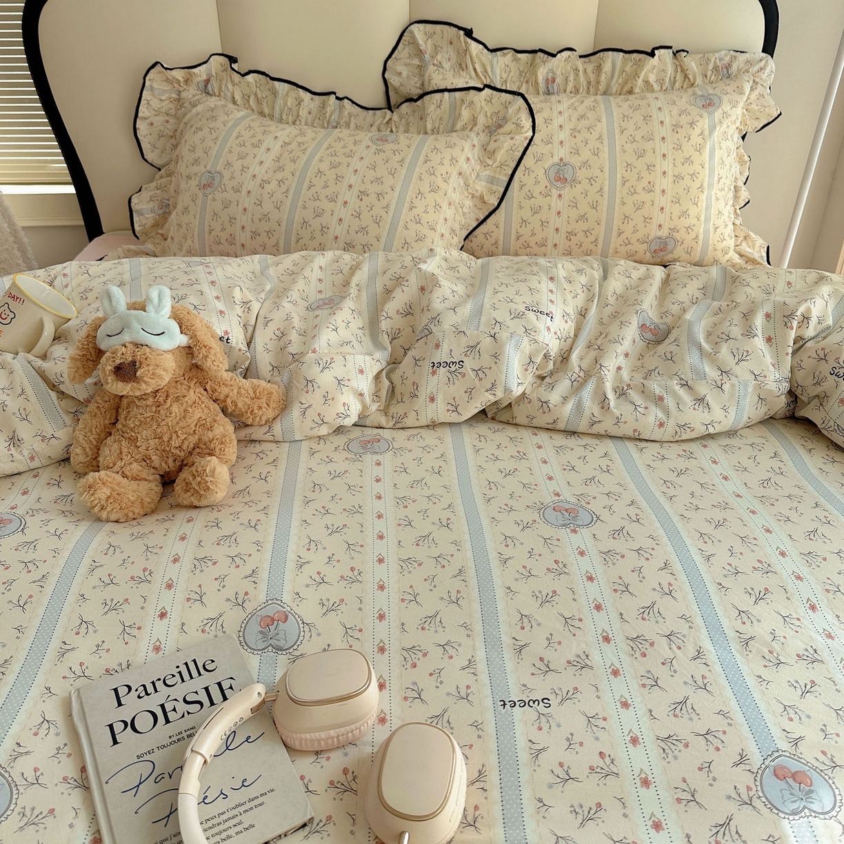 91家纺网 家纺一手货源 找家纺 韩巢家纺 2026新款水洗棉花边款四件套 奶油樱桃【大花边款】