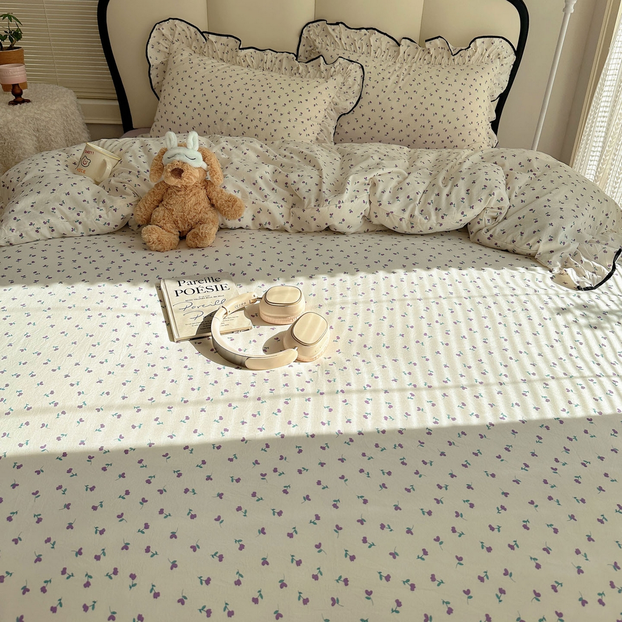 91家纺网 家纺一手货源 找家纺 韩巢家纺 2026新款水洗棉花边款四件套 小花野-紫【大花边款】