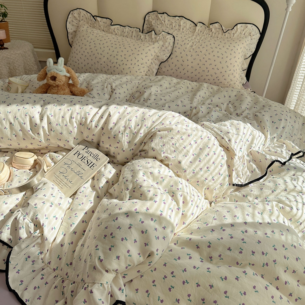 91家纺网 家纺一手货源 找家纺 韩巢家纺 2026新款水洗棉花边款四件套 小花野-紫【大花边款】