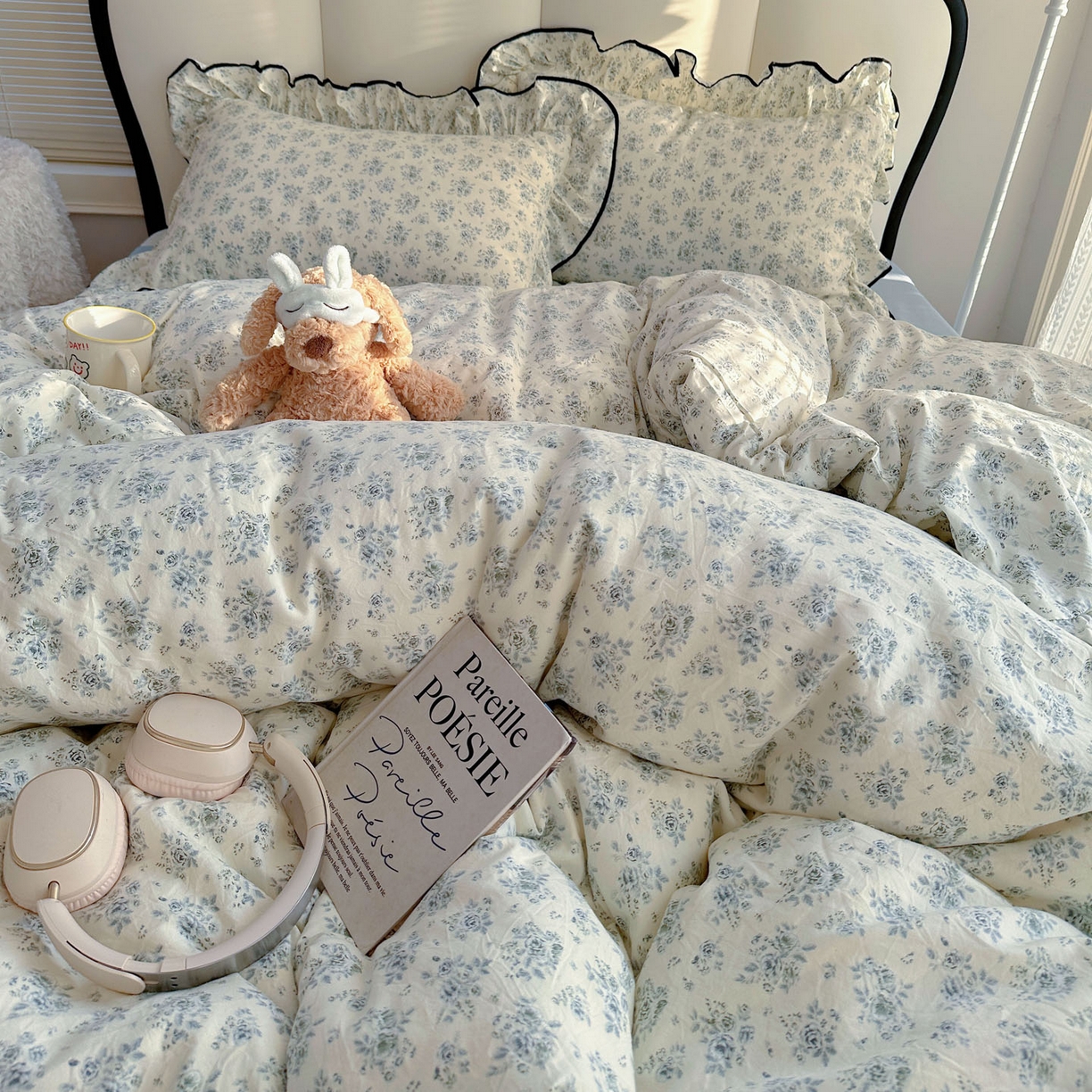 91家纺网 家纺一手货源 找家纺 韩巢家纺 2026新款水洗棉花边款四件套 春日与玫瑰【大花边款】