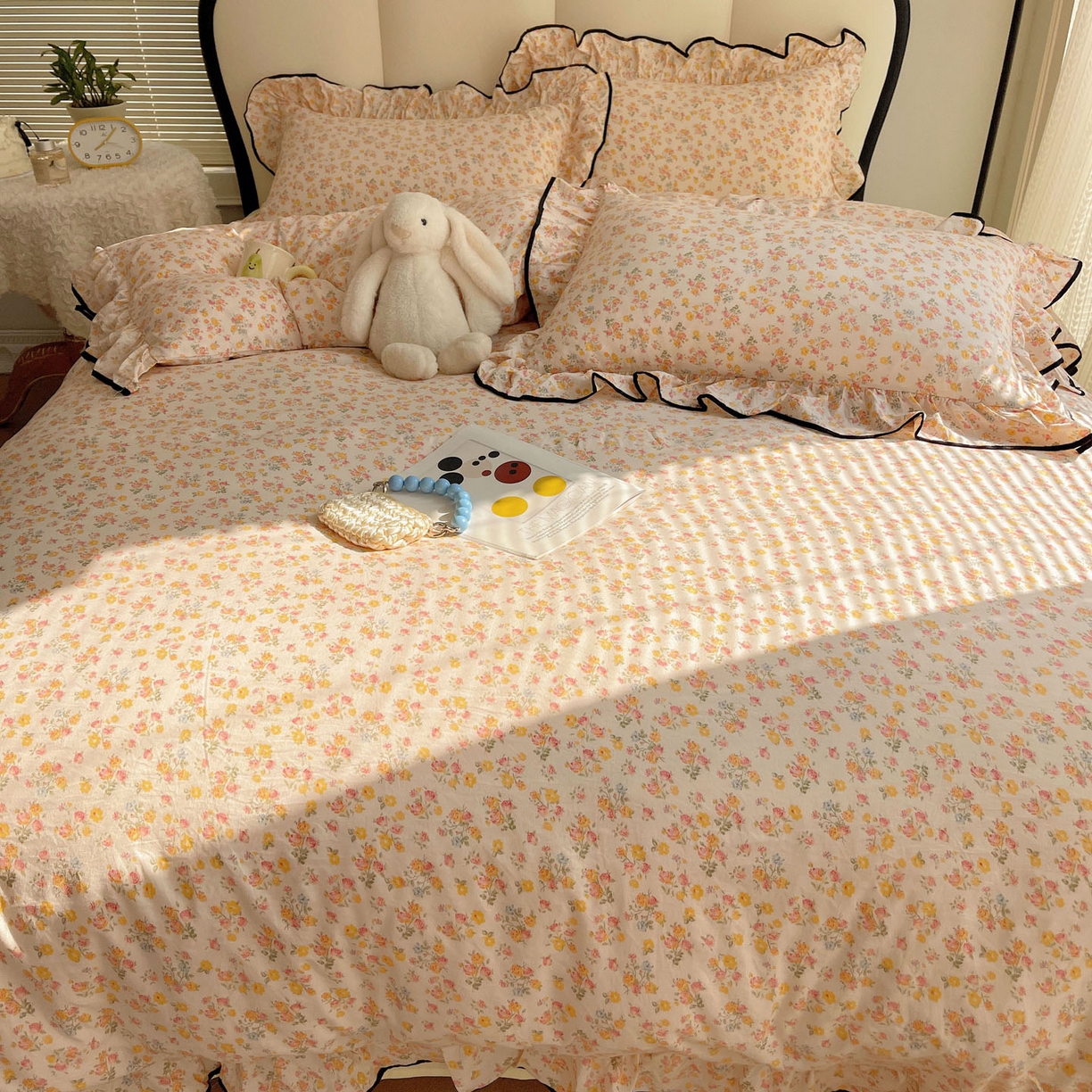 91家纺网 家纺一手货源 找家纺 韩巢家纺 2026新款水洗棉花边款四件套 久期诗朵-黄【大花边款】