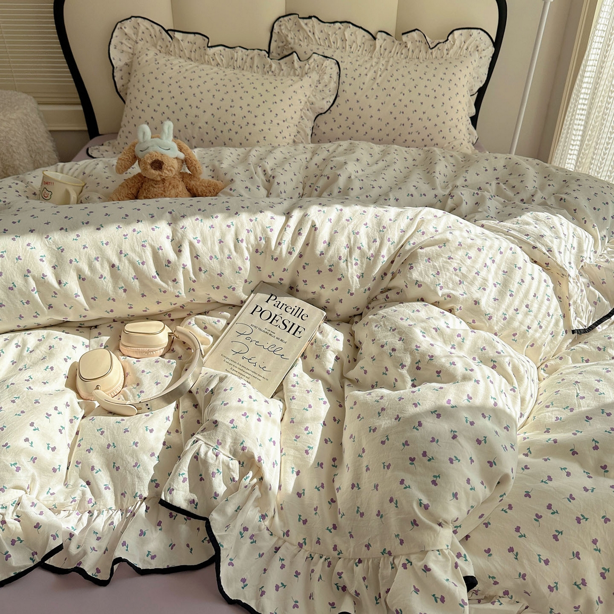 91家纺网 家纺一手货源 找家纺 韩巢家纺 2026新款水洗棉花边款四件套 小花野-紫【大花边款】