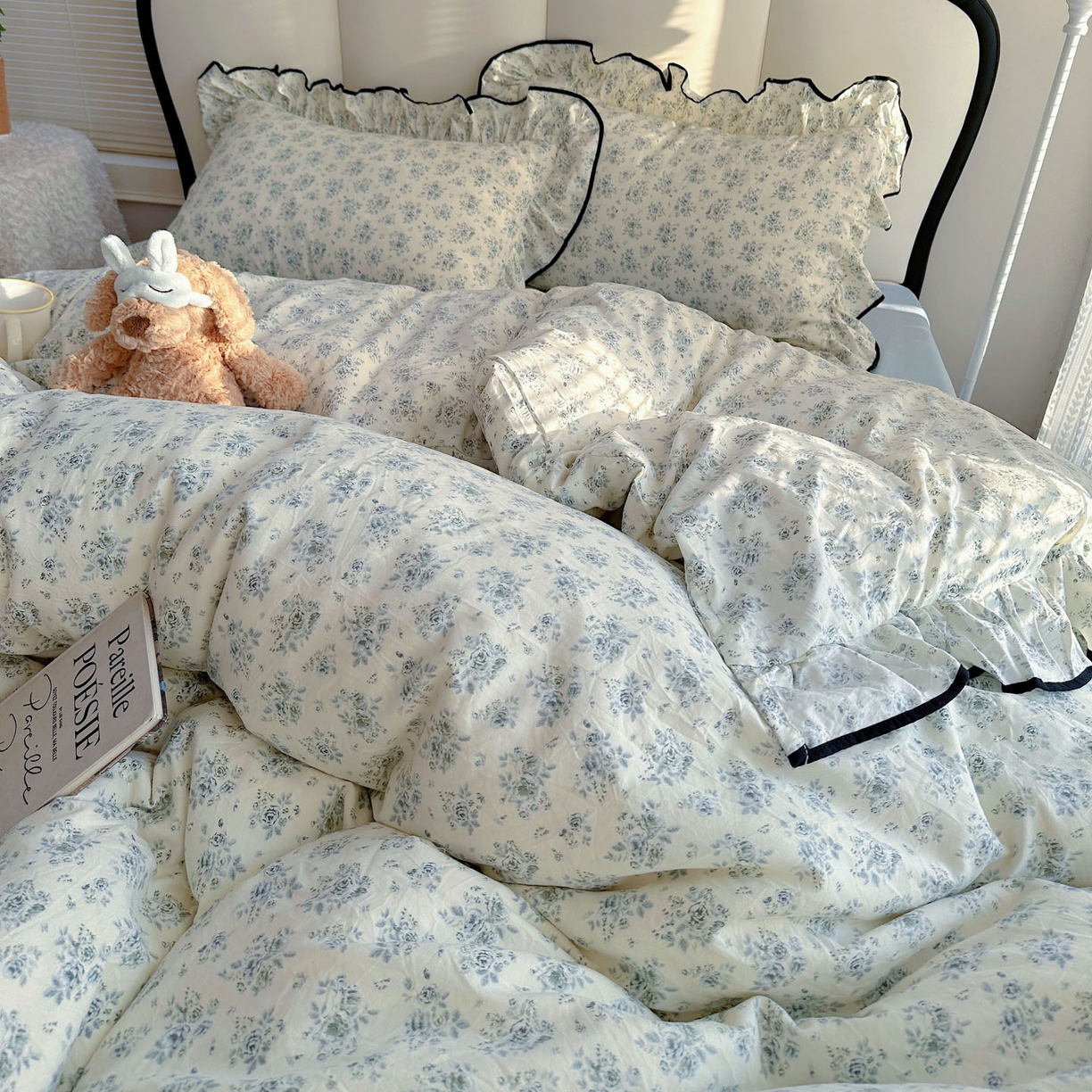 91家纺网 家纺一手货源 找家纺 韩巢家纺 2026新款水洗棉花边款四件套 春日与玫瑰【大花边款】