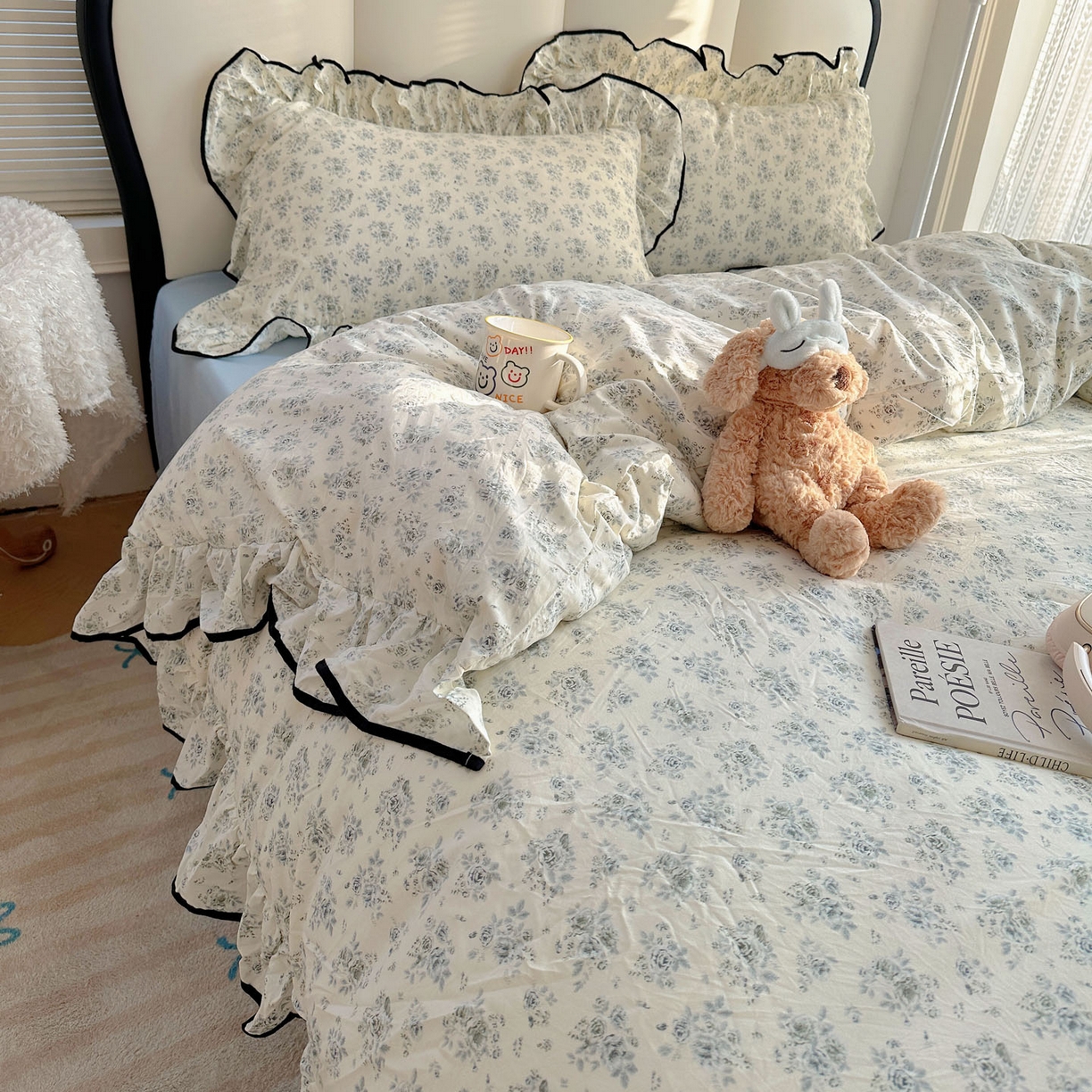 91家纺网 家纺一手货源 找家纺 韩巢家纺 2026新款水洗棉花边款四件套 春日与玫瑰【大花边款】