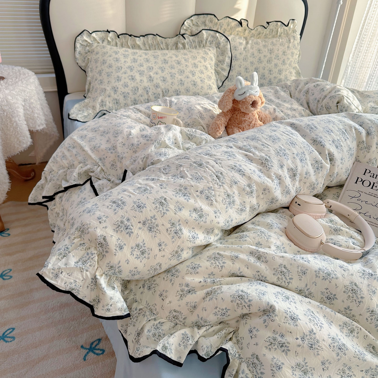 91家纺网 家纺一手货源 找家纺 韩巢家纺 2026新款水洗棉花边款四件套 春日与玫瑰【大花边款】