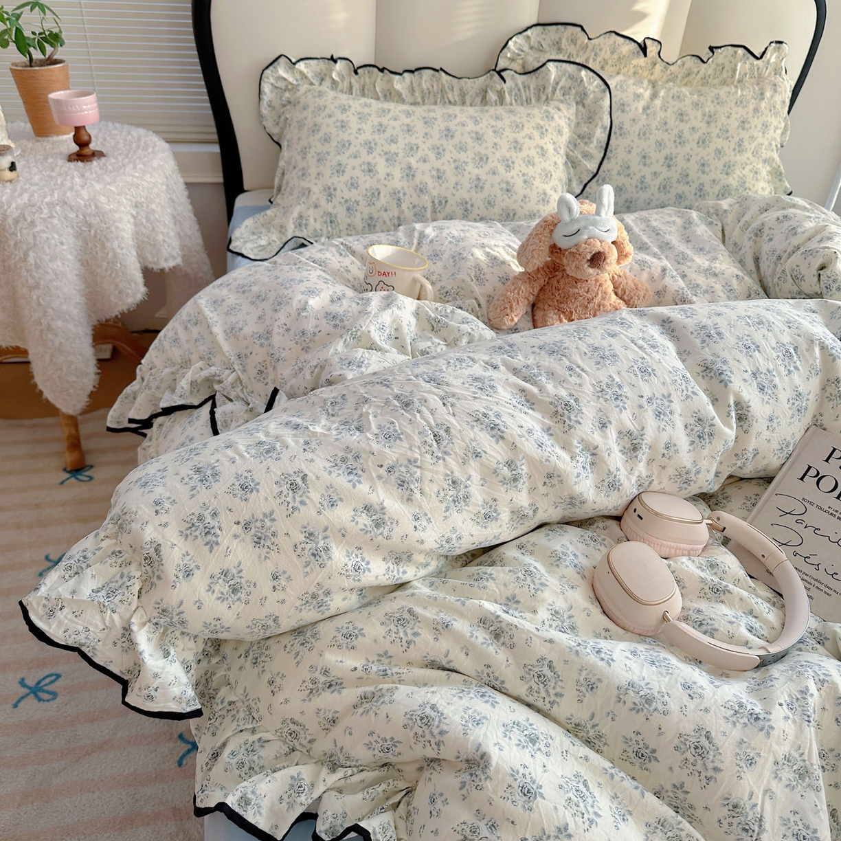 91家纺网 家纺一手货源 找家纺 韩巢家纺 2026新款水洗棉花边款四件套 春日与玫瑰【大花边款】