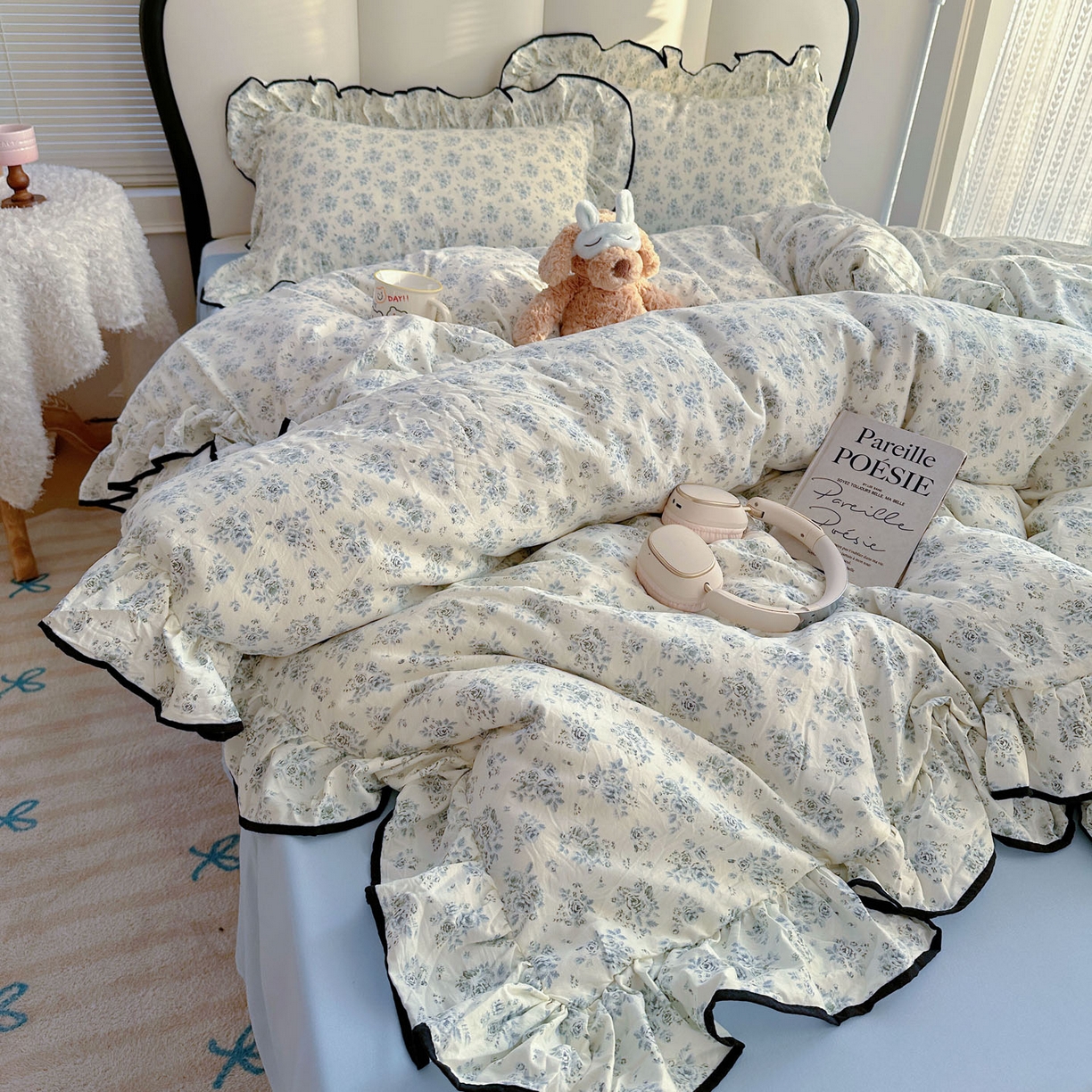 91家纺网 家纺一手货源 找家纺 韩巢家纺 2026新款水洗棉花边款四件套 春日与玫瑰【大花边款】