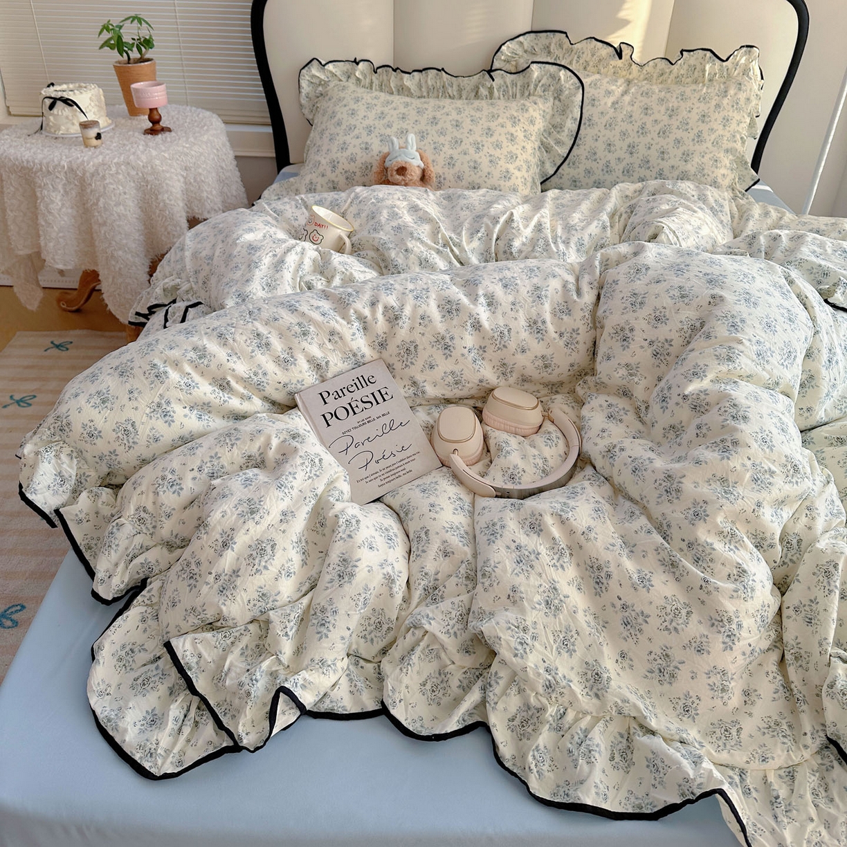 91家纺网 家纺一手货源 找家纺 韩巢家纺 2026新款水洗棉花边款四件套 春日与玫瑰【大花边款】