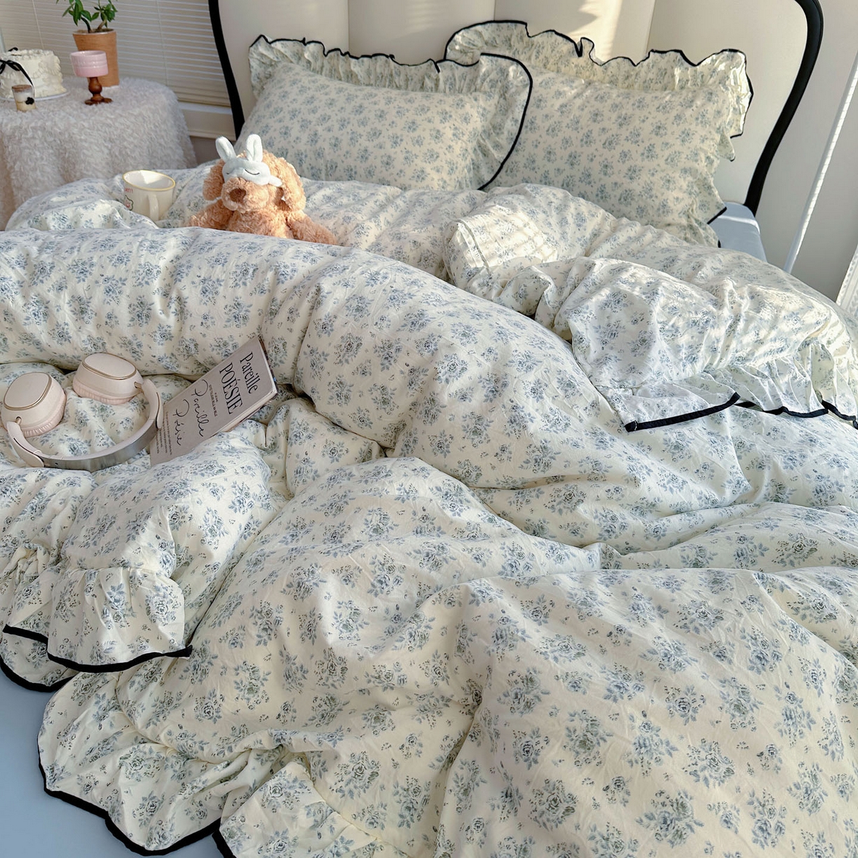 91家纺网 家纺一手货源 找家纺 韩巢家纺 2026新款水洗棉花边款四件套 春日与玫瑰【大花边款】